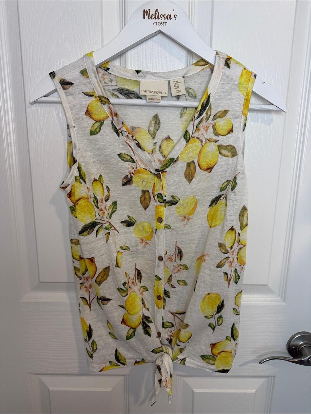 Cynthia Rowley 100% Linen Lemon Print Sleeveless Tie Front Top XS
